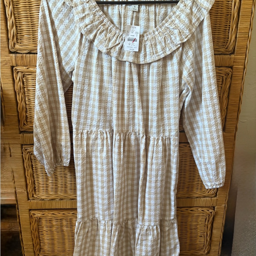 J. Crew Dress NWT Womens Seersucker Ruffle Gingham Modest Neutral Boho Prairie